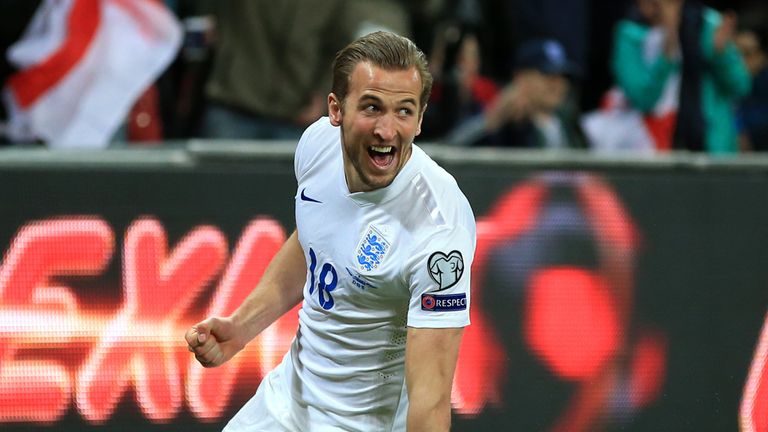 England's Harry Kane celebrates scoring his sides 4th goal against Lithuania