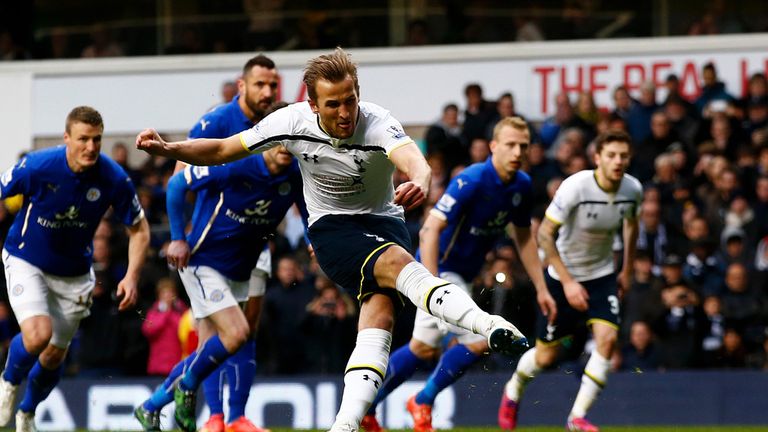 Tottenham's Harry Kane scores from the penalty spot against Leicester