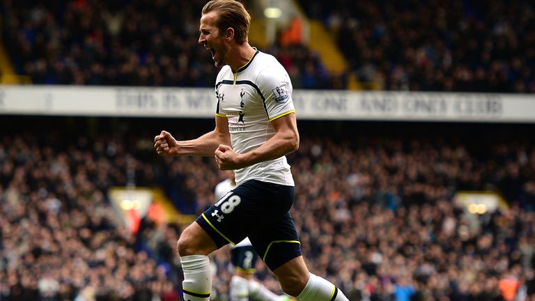 Harry Kane celebrates after scoring for Tottenham against Leicester