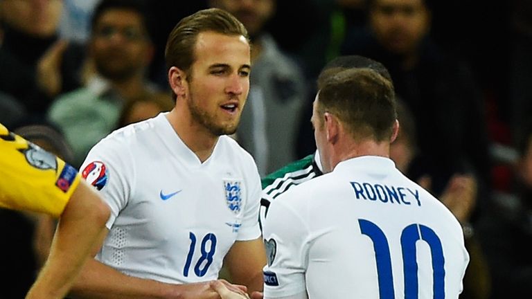 Wayne Rooney of England is substituted with Harry Kane of England for his debut during the EURO 2016 Qualifier match against Lithuania