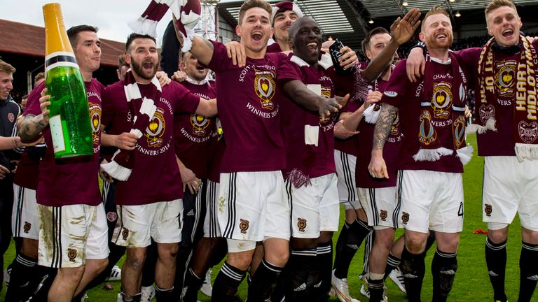 Hearts celebrate their Scottish Championship success with their fans at Tynecastle