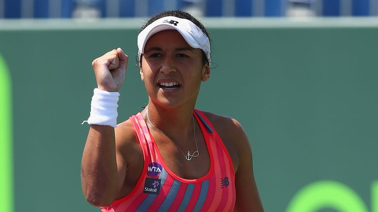 Heather Watson of Great Britain celebrates a point during her three set victory against Evgeniya Rodina