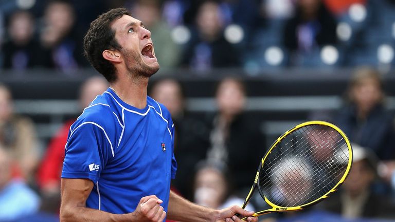 James Ward of Great Britain celebrates match point after his five set victory against Sam Querrey of the United States during the USA v GB Davis Cup tie