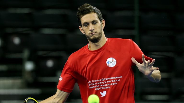 James Ward of The Aegon GB Davis Cup Team takes part in a practice session ahead of the Davis Cup match between Great Britain and the USA