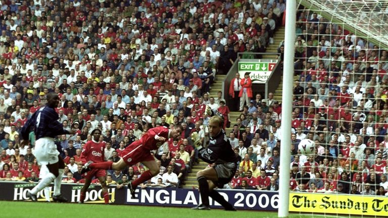 Jamie Carragher of Liverpool heads the ball into his own net during the FA Carling Premiership match against Manchester United at Anfield in 1999