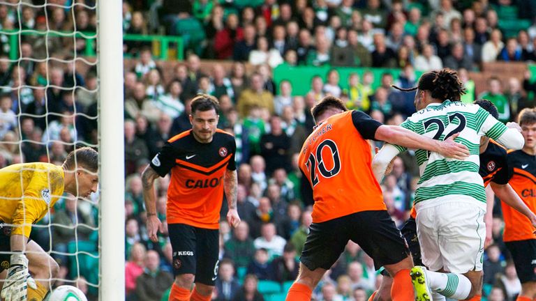 Jason Denayer scores Celtic's third goal against Dundee United