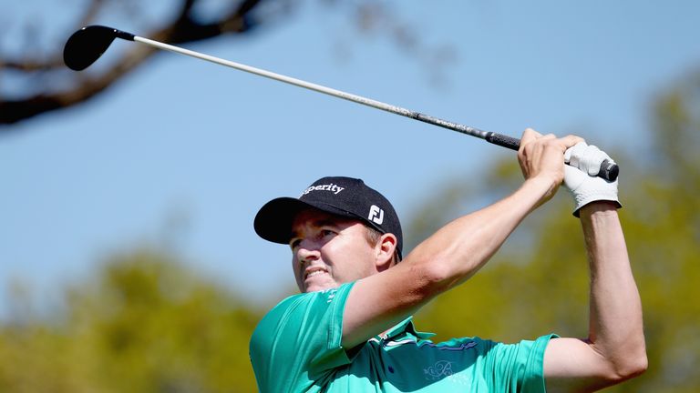 Jimmy Walker tees off on the first hole during the final round of the Valero Texas Open at TPC San Antonio AT&T Oaks Course.