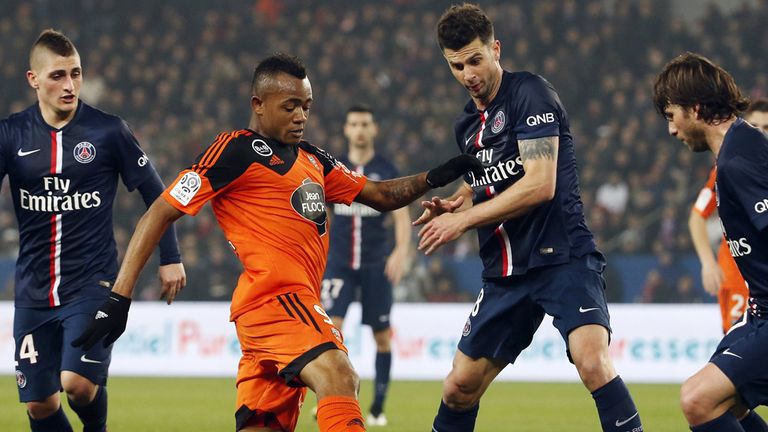 Lorient's Ghanaian forward Jordan Ayew in action against PSG