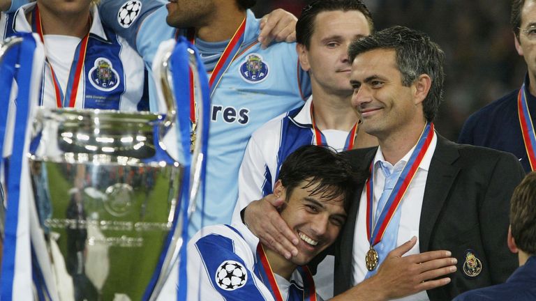 Nuno Valente of FC Porto hugs his manager Jose Dos Santos Mourinho after winning the Champions League during the UEFA Cha