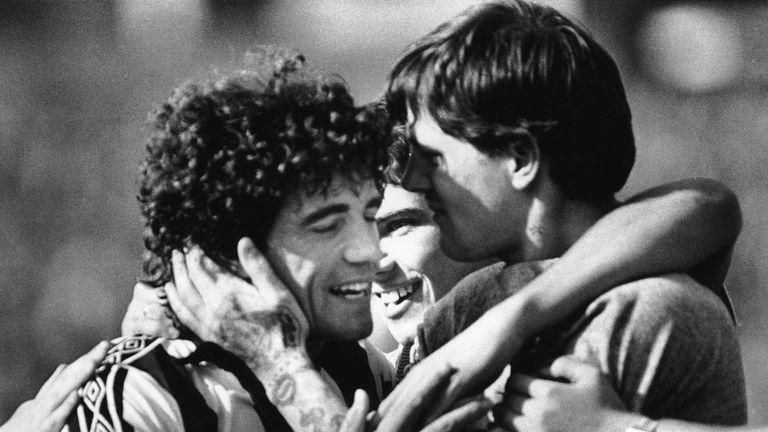New signing Kevin Keegan is embraced by fans after scoring on his Newcastle debut against QPR in August 1982.