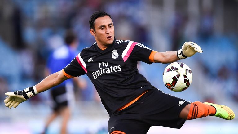 Keylor Navas of Real Madrid CF kicks the ball during the warm up prior to the La Liga match between Real Sociedad de Fut