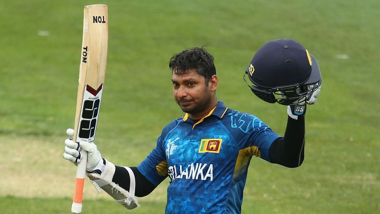 Kumar Sangakkara of Sri Lanka celebrates his century during the 2015 Cricket World Cup match between Sri Lanka and Scotland 