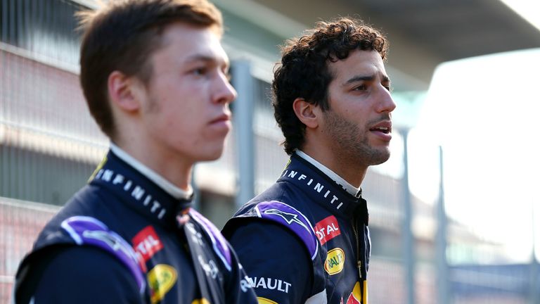 MONTMELO, SPAIN - MARCH 03:  Daniil Kvyat of Russia and Infiniti Red Bull Racing and Daniel Ricciardo of Australia and Infiniti Red Bull Racing speak as th