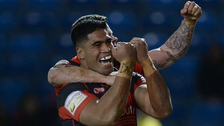 Salford Red Devils' Lama Tasi celebrates his try against Widnes Vikings during the First Utility Super League match at the AJ Bell Stadium, Eccles.