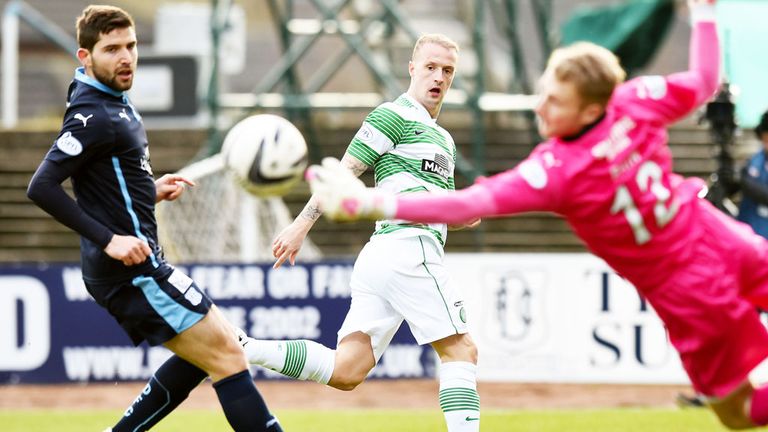 Celtic striker Leigh Griffiths (c) in action against Dundee at Dens Park