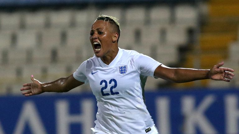 LARNACA, CYPRUS - MARCH 11: England's Lianne Sanderson celebrates after scoring a goal at the Cyprus Cup final match between England and Canada