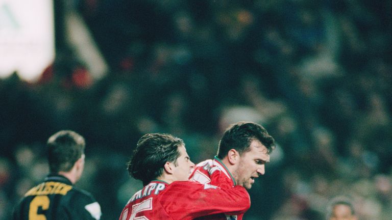 Liverpool's Neil Ruddock and Jamie Redknapp celebrate after Ruddock scores an equalizer against Manchester United at Anfield, Liverpool, 4th January 1994. 
