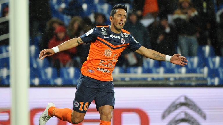 Montpellier's forward Lucas Barrios celebrates after scoring a goal during the French L1 football match between Montpellier and Reims