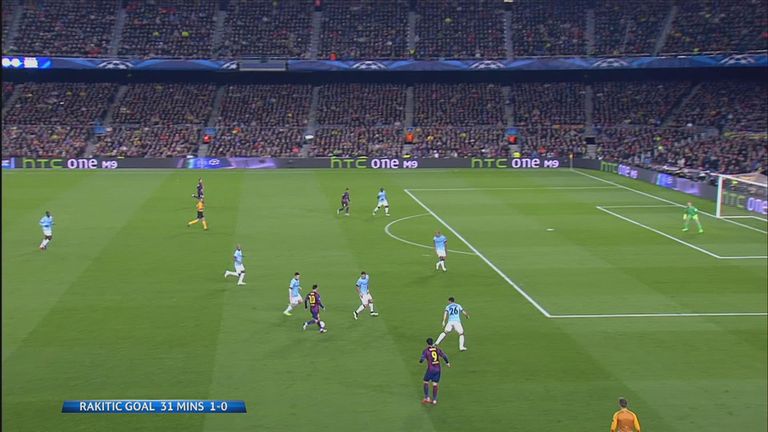 Luis Suarez movement for Ivan Rakitic's Barcelona goal against Manchester City