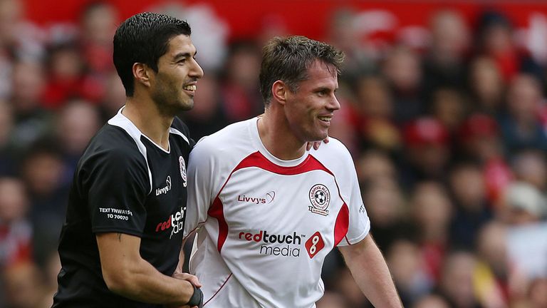 Luis Suarez (left) and Jamie Carragher during the Liverpool All Stars Charity match at Anfield, Liverpool.