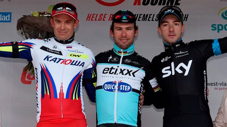Alexander Kristoff, Mark Cavendish and Ela Viviani on the podium after the 2015 Kuurne-Brussels-Kuurne