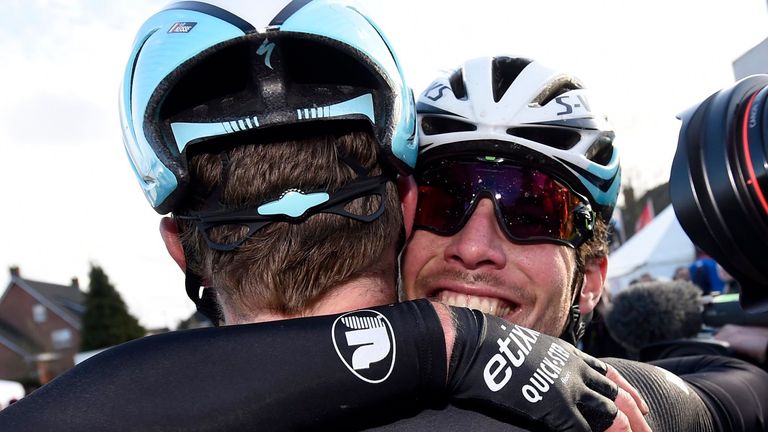 Mark Cavendish celebrates after winning the 2015 Kuurne-Brussels-Kuurne