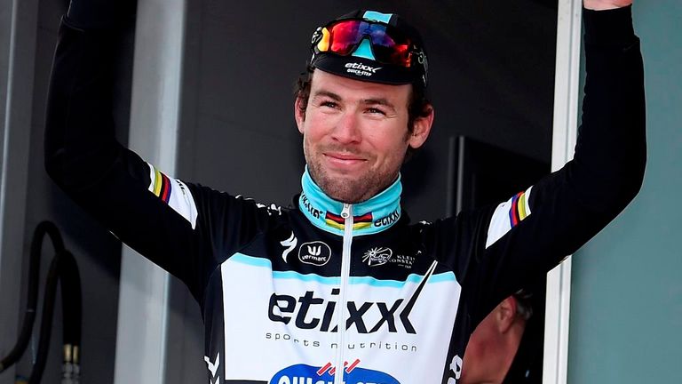 Mark Cavendish celebrates after winning the 2015 Kuurne-Brussels-Kuurne