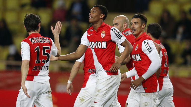 Monaco's French forward Anthony Martial (C) celebrates after scoring a goal during the French L1 football match between Monaco (ASM) and Bastia (SCB)