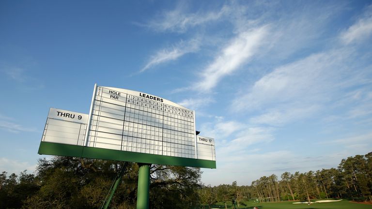 A general view of the leaderboard prior to the start of the 2014 Masters Tournament