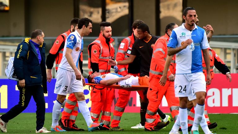 Chievo defender Federico Mattiello leaves the pitch on a stretcher
