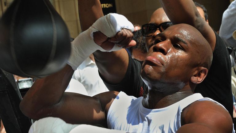 Floyd Mayweather Jnr of the US during a training session at a special ring set up beneath the Kodak Theater in Hollywood for fans to watch, as he prepares 