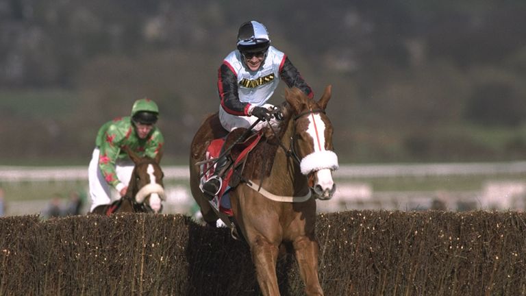 13 Mar 1997:  Mr. Mulligan ridden by Tony McCoy clears the final fence of the Tote Gold Cup