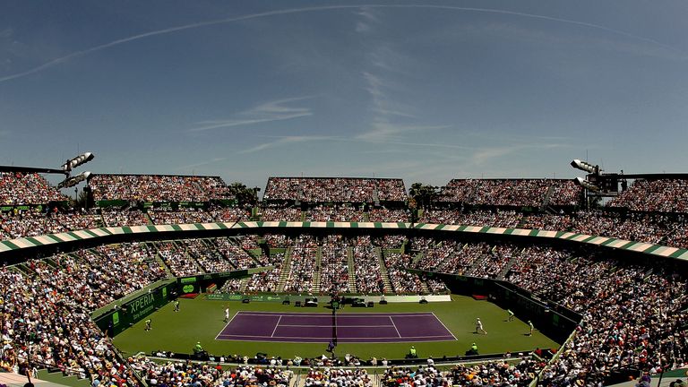 Novak Djokovic of Serbia plays Andy Murray of Great Britain during the final of the Sony Ericsson Open at the Crandon Park Te
