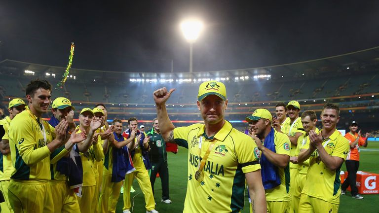 Players form a guard of honour for Michael Clarke of Australia