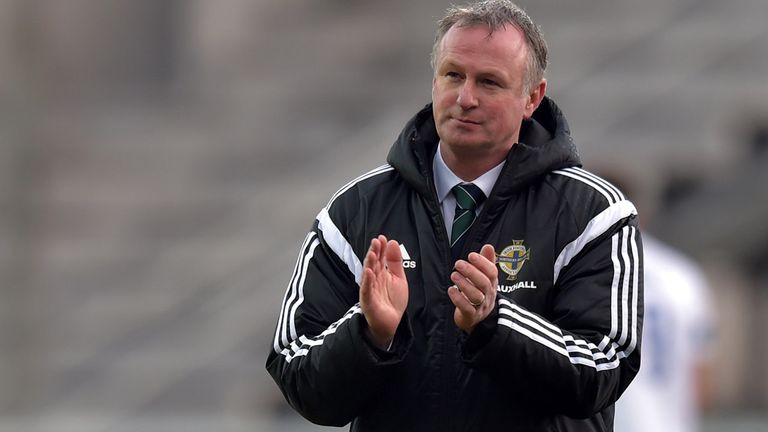 BELFAST, NORTHERN IRELAND - MARCH 29: Northern Ireland manager Michael O'Neill during the EURO 2016 Group F qualifier at Windsor Park on March 29, 2015 in 