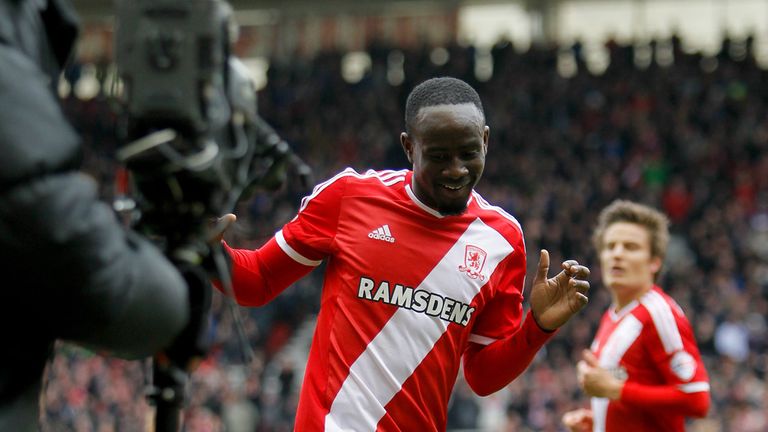 Middlesbrough's Albert Adomah celebrates after scoring his side's second goal during the Sky Bet Championship match at The Riverside, Middlesbrough.
