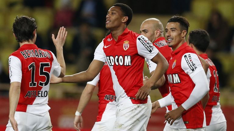 Anthony Martial celebrates after scoring for Monaco