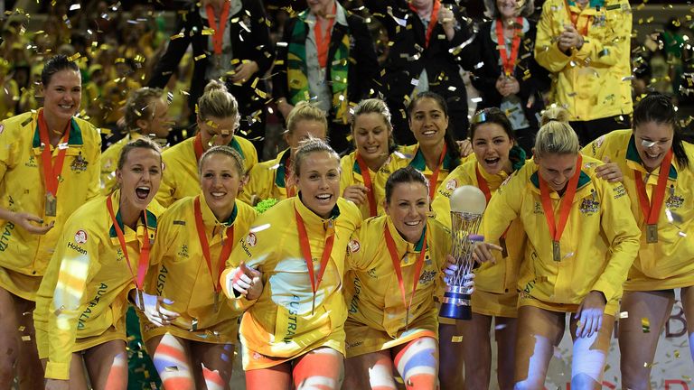 Australia, celebrate with the trophy after defeating New Zealand in the final of the 2011 World Netball Championships at Singapore 