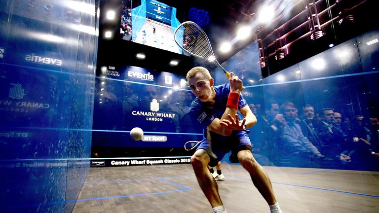 Nick Matthew of England plays a shot during his quarter-final match against Fares Dessouki of Egypt on Day 3 of the Canary Wharf Squash Classic.