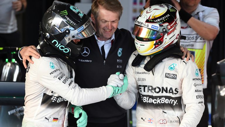 Lewis Hamilton (GBR) Mercedes AMG F1 and Nico Rosberg (GER)