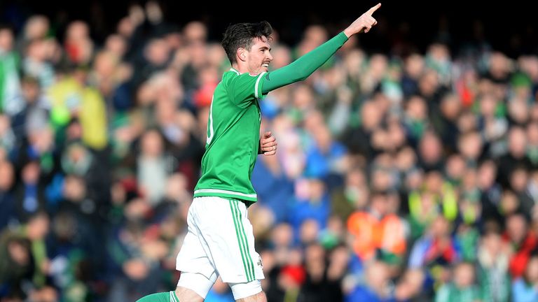 Northern Ireland's Kyle Lafferty celebrates after scoring against Finland