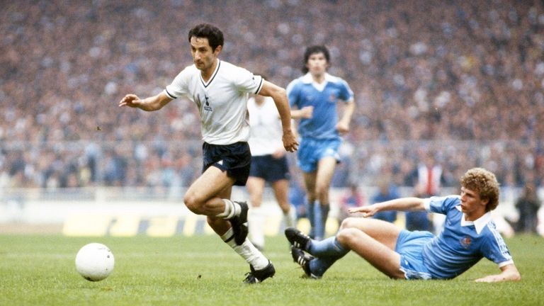 Spurs player Osvaldo Ardiles skips the challenge of Man City defender Tommy Caton during the 1981 FA Cup Final