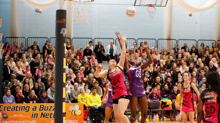 Kerry Almond of Manchester Thunder battles with Loughborough Lightning's Peace Proscovia 