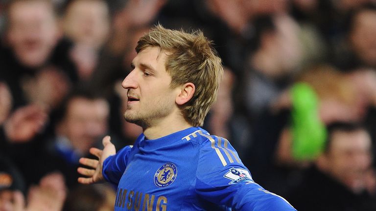 Marko Marin of Chelsea celebrates the fourth goal during the Barclays Premier League match between Chelsea and Wigan Athlet