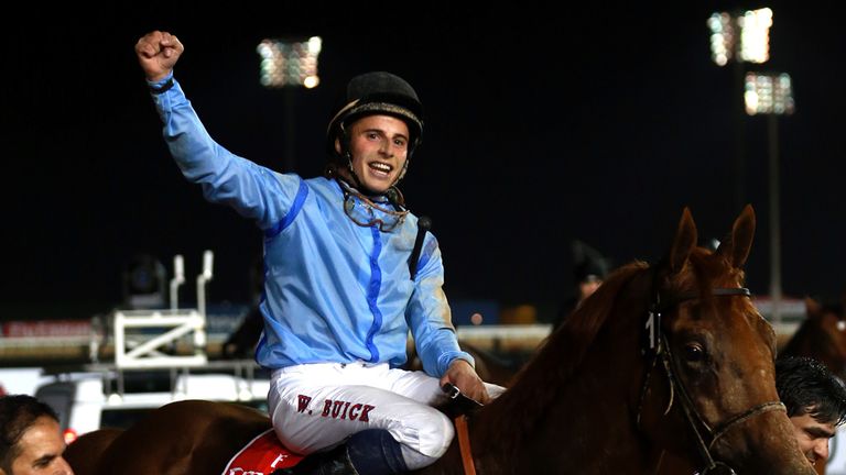 DUBAI, UNITED ARAB EMIRATES - MARCH 28:  William Buick celebrates riding Prince Bishop to victory in the Dubai World Cup at the Meydan Racecourse on March 