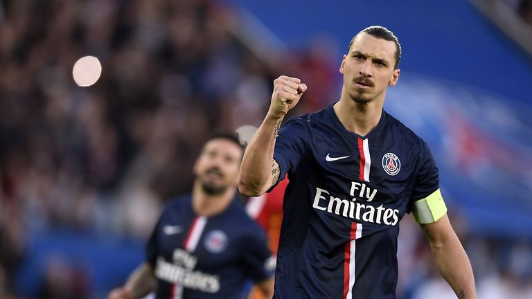 Paris Saint-Germain's Zlatan Ibrahimovic celebrates after scoring his team's second goal during the French L1 football match between Paris Saint-Germain 