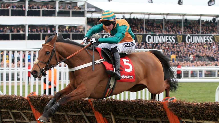 Cole Harden jumps the last as he wins the Ladbrokes World Hurdle