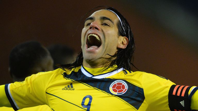 BRUSSELS, BELGIUM - NOVEMBER 14:  Radamel Falcao of Columbia celebrates scoring their first goal during the International Friendly match between Belgium an