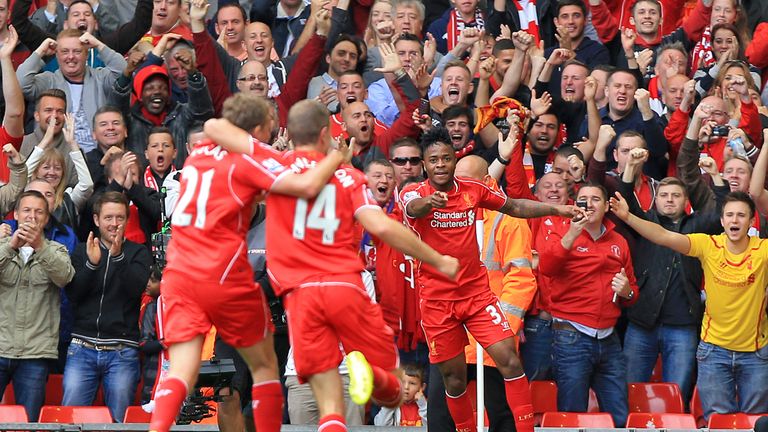 Liverpool's Raheem Sterling celebrates scoring his side's first goal of the game v Southampton during the Premier League match at Anfield, August 2014