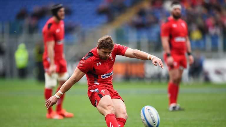  Leigh Halfpenny of Wales kicks at goal during the RBS 6 Nations match between Italy and Wales at Stadio Olimpico on March 21, 2015 